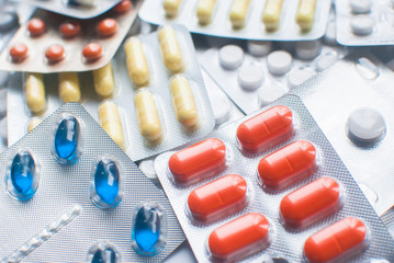 Selective focus of Medical Pills in blisters. closeup. Healthcare and medicine. Medical pharmacy concept. Health day.