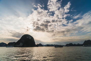 Panoramic view of Ha Long Bay area, a beautiful touristic place with karst mountains in the sea, in Vietnam