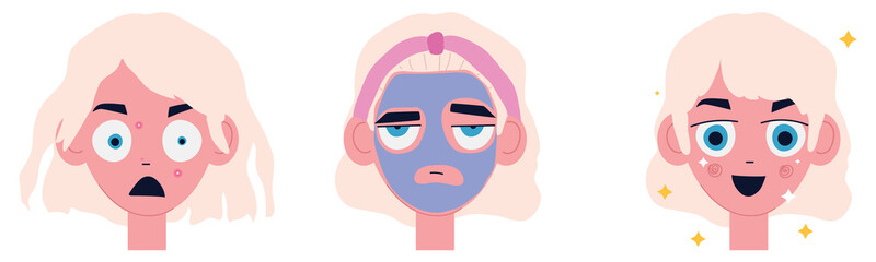 A set of images about problem skin with pimples, application of an acne mask, and clean skin. Emotional vector illustration