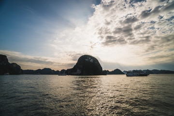 Panoramic view of Ha Long Bay area, a beautiful touristic place with karst mountains in the sea, in Vietnam
