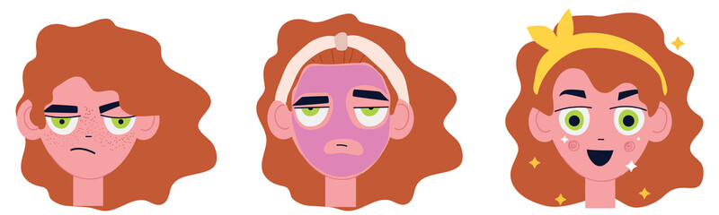 A set of images about skin with freckles, application of a mask against pigmentation and clean skin. Emotional vector illustration