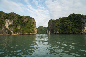 Panoramic view of Ha Long Bay area, a beautiful touristic place with karst mountains in the sea, in Vietnam