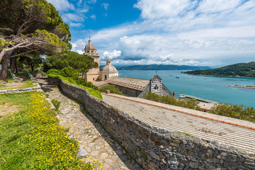 Ligurian coast. View from the old fortress in Portovenere town, Italy - obrazy, fototapety, plakaty