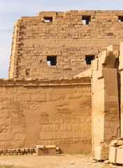 Luxor Governorate, Egypt, Karnak Temple, complex of Amun-Re. Embossed hieroglyphics on columns and...