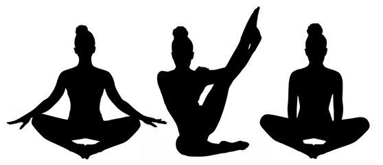 Collage of black silhouettes of woman doing yoga exercise.