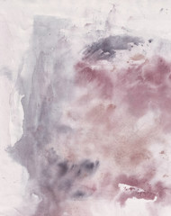 Watercolor stains, blots and stains on white paper. Different shades of gray and lilac.