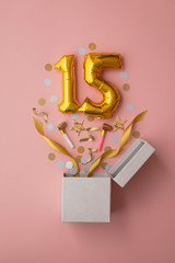 Number 15 birthday balloon celebration gift box lay flat explosion - obrazy, fototapety, plakaty