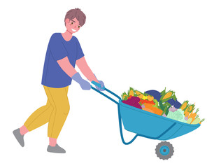 Male farmer rolls a garden car with a bunch of vegetables. Vector cartoon character illustration 