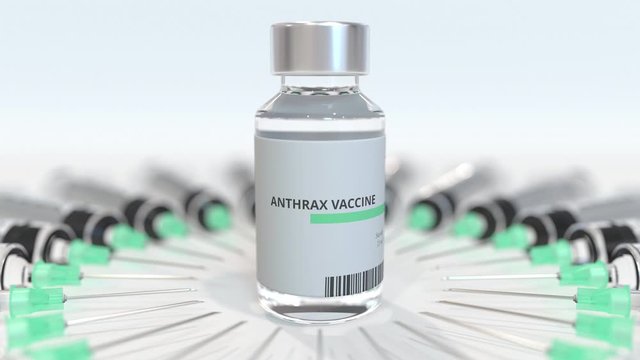 Vial with anthrax vaccine and syringes. Conceptual medical 3D animation