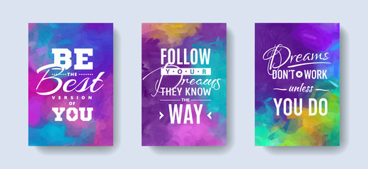  Set of posters with motivation and inspiration quotes on abstract watercolor background