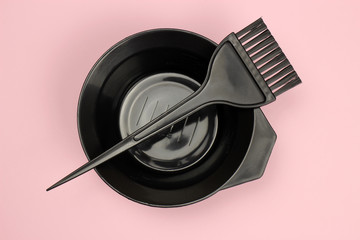 Tools for hairdresser, for painting hair on a pink background