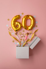Number 60 birthday balloon celebration gift box lay flat explosion
