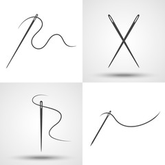 Sewing needle with thread.  Black icon set.