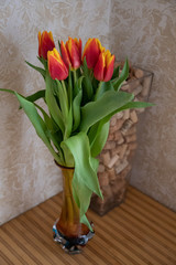 Yellow tulips in a vase on wooden table. Closeup of vibrant red tulip flowers in brown glass vase on striped wooden table. Bunch of bud shape tulips on blurry beige background. Bouquet of fresh spring