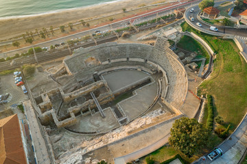 Aerial view of the Roman amphitheater near the edge of the Mediterranean in Tarragona Spain 