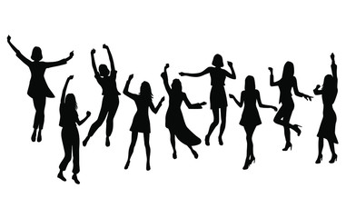 Naklejka na ściany i meble Silhouette of a group of young joyful happy women dancing with their hands raised. Happy girls in different poses. Vector, black color isolated on a white background