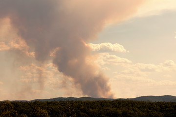 Obraz na płótnie Canvas Bush fire smoke in a valley in The Blue Mountains in Australia