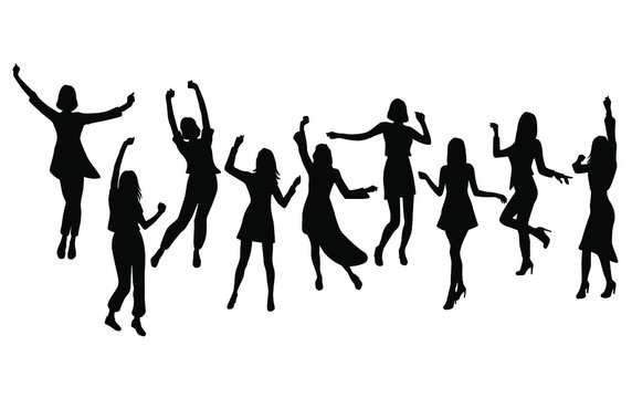 Silhouette of a group of young joyful happy women dancing with their hands raised. Happy girls in different poses. Vector, black color isolated on a white background