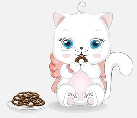 white cat girl with bow and chocolate cookies