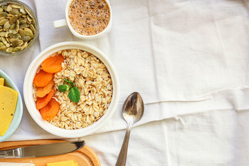 breakfast (cottage cheese, dairy products, dried fruits and more, snack) menu concept. background. top view. copy space
