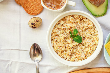 breakfast (cottage cheese, dairy products, dried fruits and more, snack) menu concept. background. top view. copy space