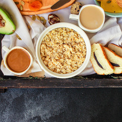 breakfast (cottage cheese, dairy products, dried fruits and more, snack) menu concept. background. top view. copy space