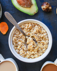 breakfast (cottage cheese, dairy products, dried fruits and more, snack) menu concept. background. top view. copy space