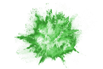 Fototapeta na wymiar Green powder explosion on white background. Colored cloud. Colorful dust explode. Paint Holi.