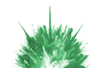 Green powder explosion on white background. Colored cloud. Colorful dust explode. Paint Holi.