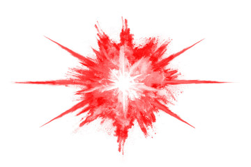 Freeze motion of red powder exploding, isolated on white background. Abstract design of red dust cloud. Particles explosion screen saver, wallpaper
