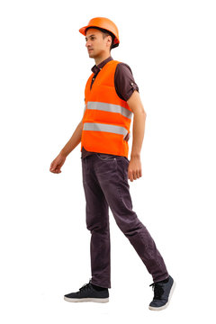 Stock image of male construction worker over white background