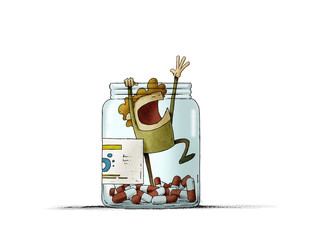 man trapped in a bottle of pills tries to scream for help. isolated