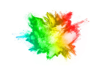 abstract powder splatted background. Colorful powder explosion on white background. Colored cloud. Colorful dust explode. Paint Holi.