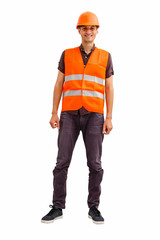 Stock image of male construction worker over white background