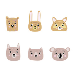 Set of 6 heads of cute flat vector animals in delicate Scandinavian colors: polar bear, wolf, brown bear, koala, hare, raccoon