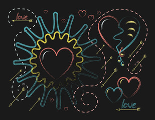 Stickers shining heart,drops of blood  for the holiday Valentine`s Day on a   black background. Surface design for badge, badge, ticket, label, paper and scrapbook. Vector
