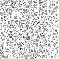 Easter seamless doodle background and spring elements: chickens, eggs, flowers, tulips and Easter rabbits