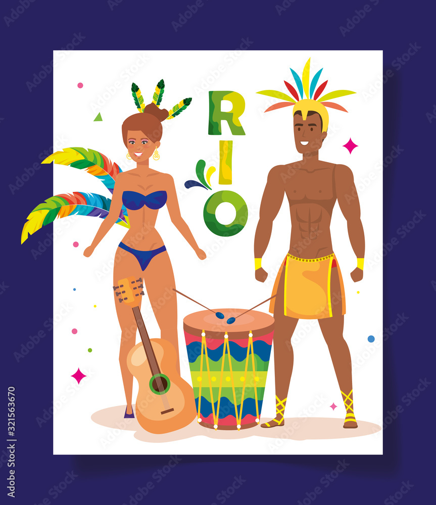 Wall mural poster of carnival rio with exotic couple dance and decoration vector illustration design