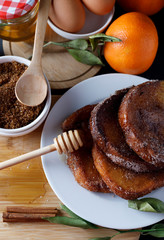 Torrijas with honey. Typical spanish dessert for Lent and Easter