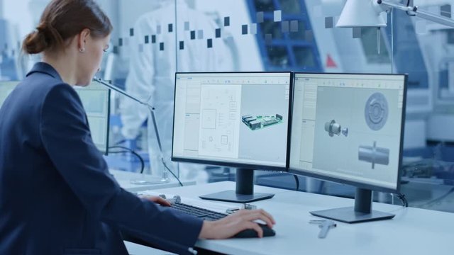 Sterile Modern Factory: Professionals in Masks Walk Through Workshop and Talk. Medical Electronics Manufacturing Laboratory with High Tech CNC Machinery, Robot Arm Production Line Automatic Equipment