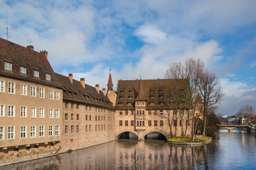 Bridge and Hospital, Holy Spirit hospice (Heilig-Geist-Spital) in Nuremberg, Bavaria, Germany