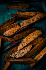 Home baked Sweet potato fries, selective focus