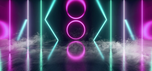 Smoke Fog Neon Lights Lasers Lines Beams Dark Glowing Purple Blue Sci Fi Futuristic Cyber Virtual Stage Podium Catwalk Pantone Hall Party Club Concrete 3D Rendering
