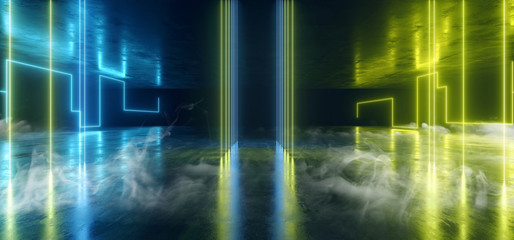 Naklejka premium Smoke Fog Neon Lights Lasers Lines Beams Dark Glowing Green Yellow Blue Sci Fi Futuristic Cyber Virtual Stage Podium Catwalk Pantone Hall Party Club Concrete 3D Rendering