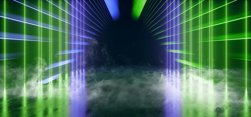 Smoke Fog Neon Lights Lasers Lines Beams Dark Glowing Green Yellow Blue Sci Fi Futuristic Cyber Virtual Stage Podium Catwalk Pantone Hall Party Club Concrete 3D Rendering