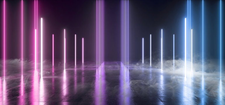 Smoke Fog Neon Lights Lasers Lines Beams Dark Glowing Purple Blue Sci Fi Futuristic Cyber Virtual Stage Podium Catwalk Pantone Hall Party Club Concrete 3D Rendering © IM_VISUALS