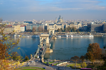 Naklejka premium Budapest City View with Szechenyi Chain Bridge and Danube River. Budapest, Hungary