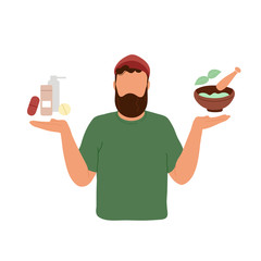 Young man choosing between two options