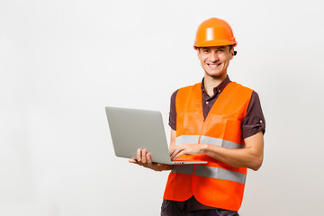 Man with a laptop, isolated over a white background