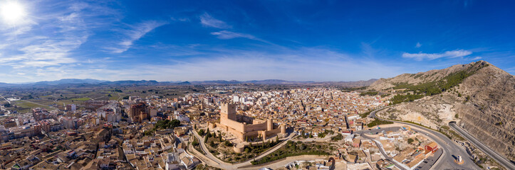 Aerial panoramic view of Villena in Spain with Atayala medieval restored castle